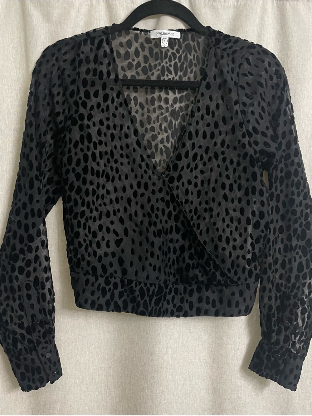 Good American Black Flocked Mesh Sheer Wrap Crop Top Size 1/Small Puff Sleeve